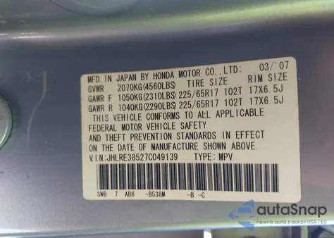 2007 Honda Cr-V Ex from USA, damaged, VIN JHLRE38527C049139